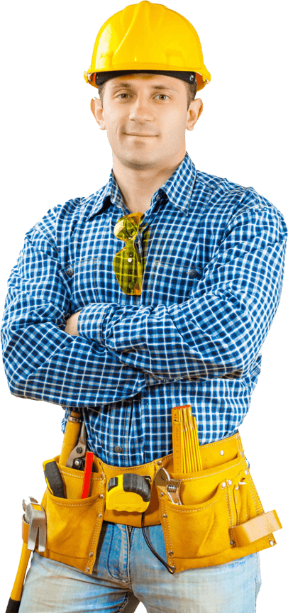 A construction worker wearing a yellow hard hat, blue checkered shirt, and jeans stands with arms crossed. He has a yellow tool belt with various tools and yellow protective glasses hanging from his shirt.