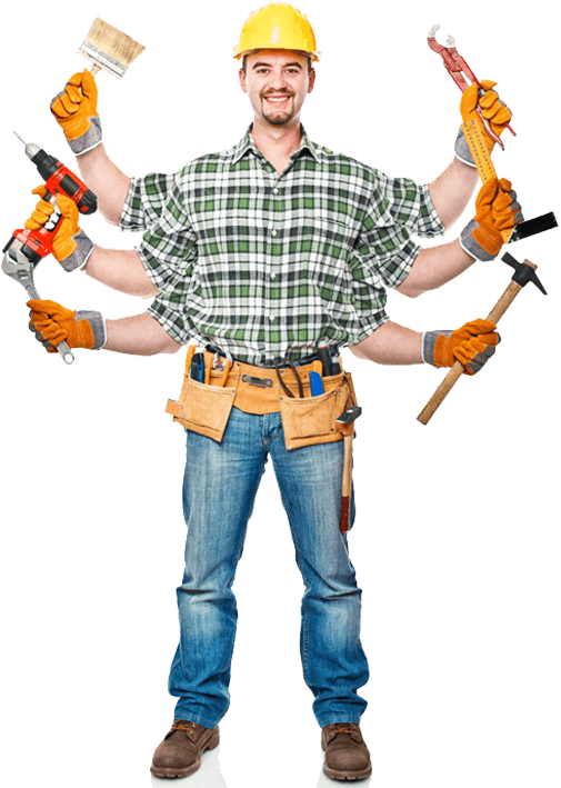 A man in a plaid shirt, jeans, and a yellow hard hat, with multiple arms holding various tools including a paintbrush, wrench, drill, pliers, and hammer, symbolizing versatility and multitasking.