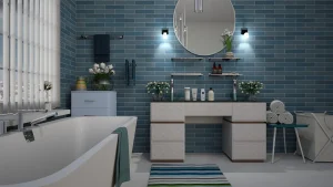 A modern bathroom with blue brick tile walls, a round mirror, and a white vanity with shelves holding various toiletries. A bathtub is on the left, and a colorful striped rug adds a pop of color on the floor. Towels and plants decorate the space.