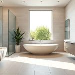 Modern bathroom with a large oval bathtub, glass-enclosed shower, and double-sink vanity. A large window provides natural light, accentuating the minimalist decor—ideal for anyone considering bathroom remodeling. A potted plant sits near the tub, with towels and toiletries neatly arranged.