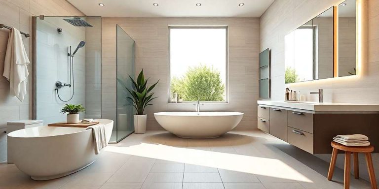 Modern bathroom with a large oval bathtub, glass-enclosed shower, and double-sink vanity. A large window provides natural light, accentuating the minimalist decor—ideal for anyone considering bathroom remodeling. A potted plant sits near the tub, with towels and toiletries neatly arranged.