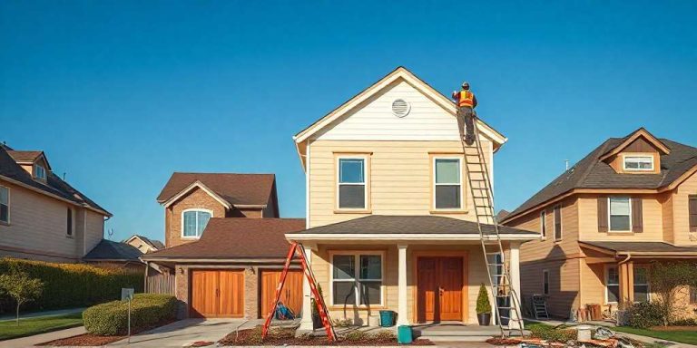 A person stands on a ladder painting the exterior of a two-story house with beige siding. The house has a front porch, and two ladders are set up in the driveway. There are two more houses visible on either side under a clear blue sky.