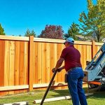 Two workers in red shirts and jeans are constructing a wooden fence on a sunny day. One is adjusting a plank, while the other holds a post. A blue construction vehicle is nearby, surrounded by grass and trees.