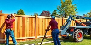 Two workers in red shirts and jeans are constructing a wooden fence on a sunny day. One is adjusting a plank, while the other holds a post. A blue construction vehicle is nearby, surrounded by grass and trees.